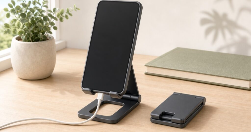 縦向きのスマートフォンを支える折りたたみスタンドと、充電口につながるケーブル、隣に畳んだスタンド