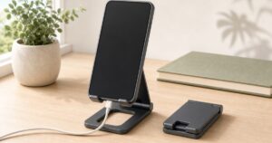 縦向きのスマートフォンを支える折りたたみスタンドと、充電口につながるケーブル、隣に畳んだスタンド